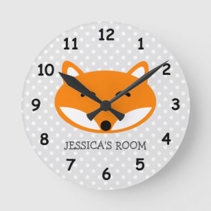 かわいい赤狐と灰色の水玉模様子供部屋の壁掛け時計 ラウンド壁時計
