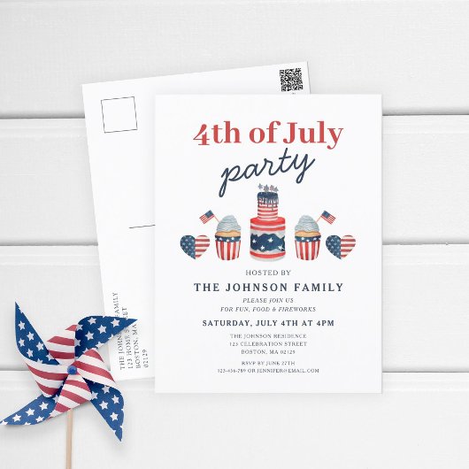 かわいい赤白青の7月4日パーティー インビテーションポストカード