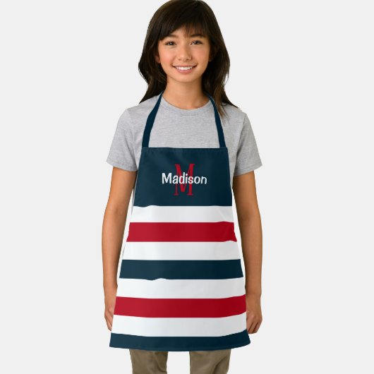 かわいい赤白青ストライプズモノグラムキッズ エプロン (インサイチュ)