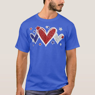 かわいい赤白青ハートと愛国心の星 Tシャツ