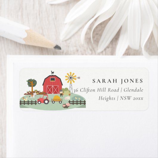 かわいい赤納屋周囲の庭ファーム動物の赤ちゃんシャワーアドレス ラベル (インサイチュ)