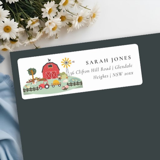 かわいい赤納屋周囲の庭ファーム動物の赤ちゃんシャワーアドレス ラベル