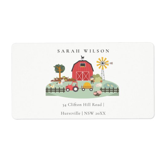 かわいい赤納屋周囲の庭ファーム動物ベビーシャワー ラベル (正面)