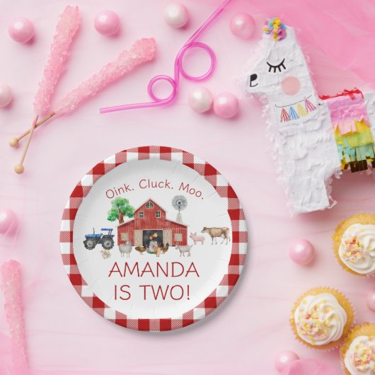 かわいい赤納屋周囲の庭ファーム動物2nd誕生日 ペーパープレート (パーティー)