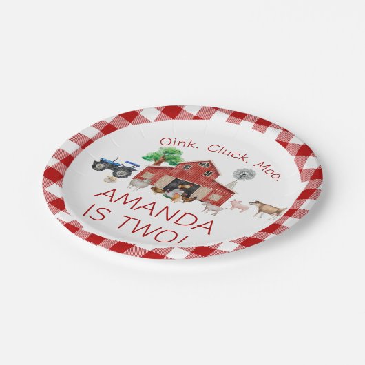 かわいい赤納屋周囲の庭ファーム動物2nd誕生日 ペーパープレート (アングル)