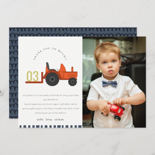 かわいい赤錆の農場トラクターの子供の写真の誕生日 サンキューカード (正面/裏面)