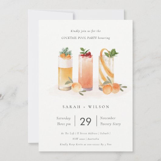 かわいい赤面オレンジフルーツカクテルプールパーティー招待状 サンキューカード (正面)