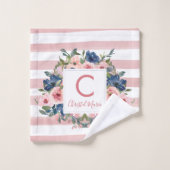 かわいい赤面ストライプピンク色ネイビーブルーフローラモノグラム バスタオルセット (ウォッシュタオル)