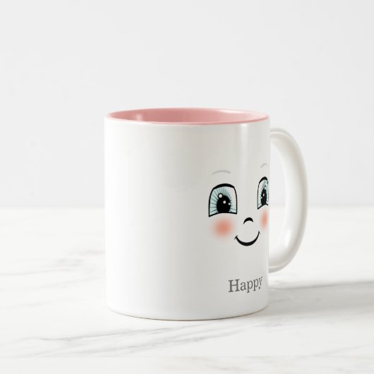 かわいい赤面ハッピー顔オンホワイトツートーンコーヒーマグ ツートーンマグカップ (正面右)