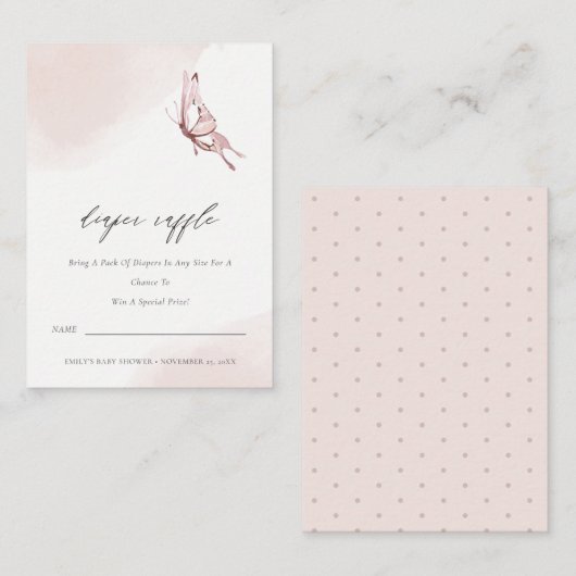 かわいい赤面バタフライおむつラッフルベビーシャワー エンクロージャーカード (正面/裏面)