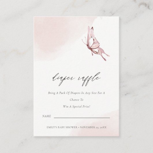 かわいい赤面バタフライおむつラッフルベビーシャワー エンクロージャーカード (正面)