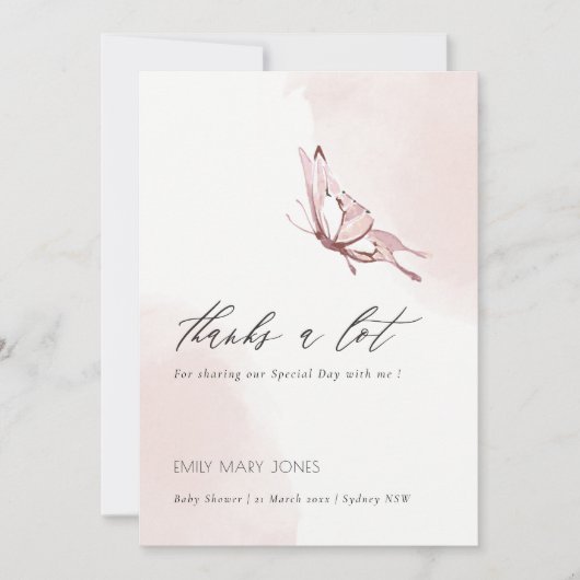 かわいい赤面パインウォーターカラーバタフライベビーシャワー サンキューカード (正面)