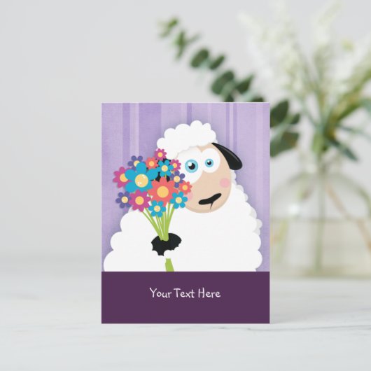 かわいい赤面ヒツジの花はがき ポストカード (スタンド正面)