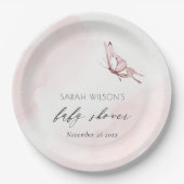 かわいい赤面ピンクの水色バタフライベビーシャワー ペーパープレート (正面)
