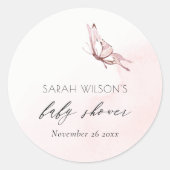 かわいい赤面ピンクの水色バタフライベビーシャワー ラウンドシール (正面)