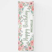 かわいい赤面ピンクの花ハッピーバースデー 横断幕 (縦)