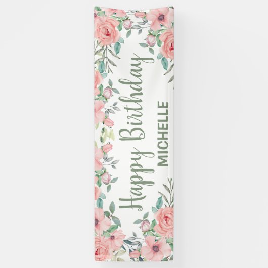 かわいい赤面ピンクの花ハッピーバースデー 横断幕 (縦)