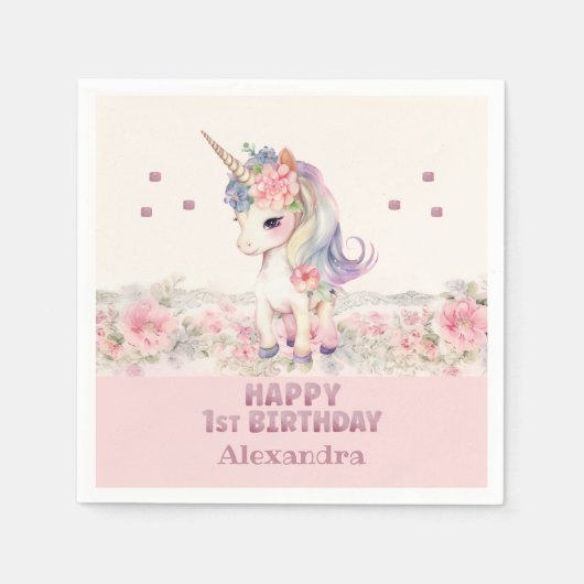 かわいい赤面ピンクガールユニコーン1歳 スタンダードカクテルナプキン (正面)