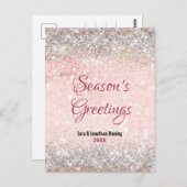 かわいい赤面ピンクシルバーグリッタークリスマス新年 ポストカード (正面/裏面)