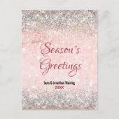 かわいい赤面ピンクシルバーグリッタークリスマス新年 ポストカード (正面)