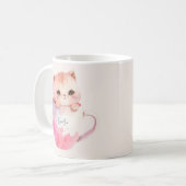 かわいい赤面ピンクチビ(小さくかわいく書いた感じ)猫 コーヒーマグカップ (正面左)