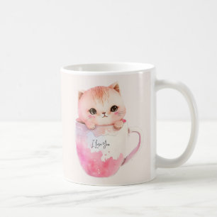 かわいい赤面ピンクチビ(小さくかわいく書いた感じ)猫 コーヒーマグカップ