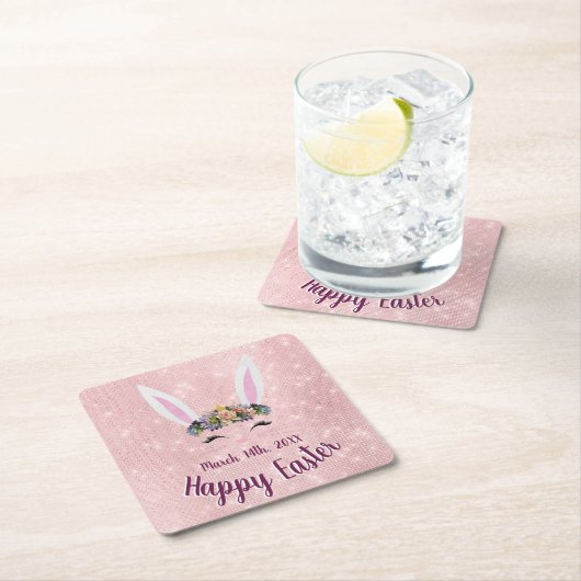 かわいい赤面ピンクハッピーイースターバニー スクエアペーパーコースター (インサイチュ)