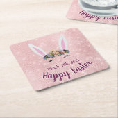 かわいい赤面ピンクハッピーイースターバニー スクエアペーパーコースター (アングル)