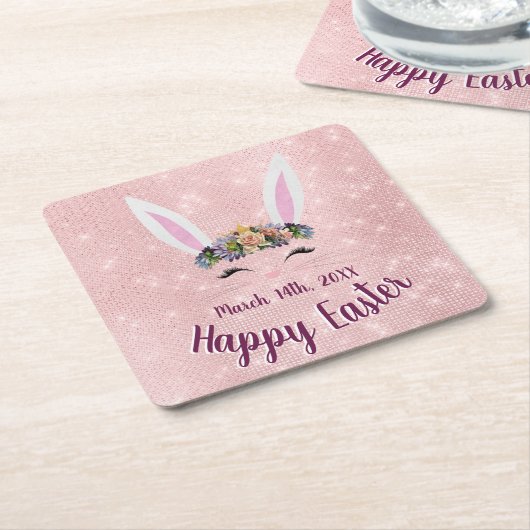 かわいい赤面ピンクハッピーイースターバニー スクエアペーパーコースター (アングル)
