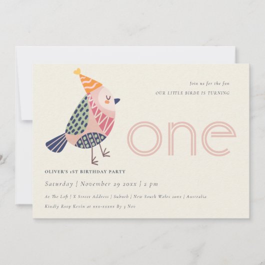 かわいい赤面ピンクバーディエイジ1歳の誕生日招待状 サンキューカード (正面)