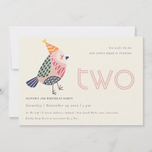 かわいい赤面ピンクバーディエイジ2歳の誕生日招待状 サンキューカード (正面)