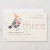 かわいい赤面ピンクバーディ任意の年齢3歳の誕生日招待状 サンキューカード (正面)