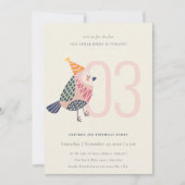 かわいい赤面ピンクバーディ任意の年齢3歳の誕生日招待状 サンキューカード (正面)