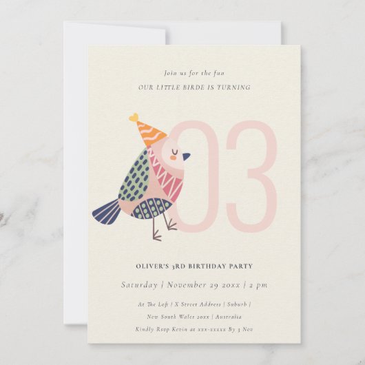 かわいい赤面ピンクバーディ任意の年齢3歳の誕生日招待状 サンキューカード (正面)