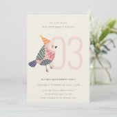 かわいい赤面ピンクバーディ任意の年齢3歳の誕生日招待状 サンキューカード (スタンド正面)