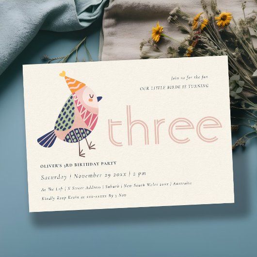 かわいい赤面ピンクバーディ任意の年齢3歳の誕生日招待状 サンキューカード