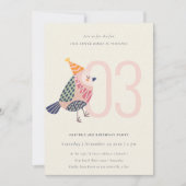 かわいい赤面ピンクバーディ任意の年齢3歳の誕生日 招待状 (正面)
