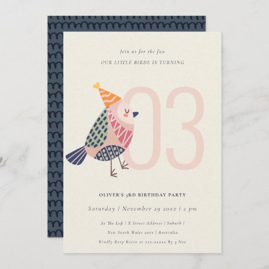 かわいい赤面ピンクバーディ任意の年齢3歳の誕生日 招待状 (正面/裏面)