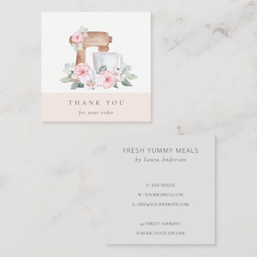 かわいい赤面ピンクフローラケーキミキサーベーカリーありがとう スクエア名刺 (正面/裏面)