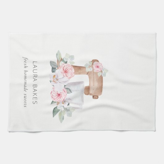 かわいい赤面ピンクフローラケーキミキサーベーカリーケータリング キッチンタオル (横)