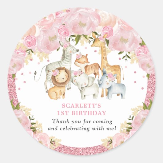 かわいい赤面ピンクフローラジャングル誕生日ベビーシャワー ラウンドシール (正面)