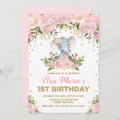 かわいい赤面ピンクフローラゾウ誕生日パーティー 招待状 (正面/裏面)