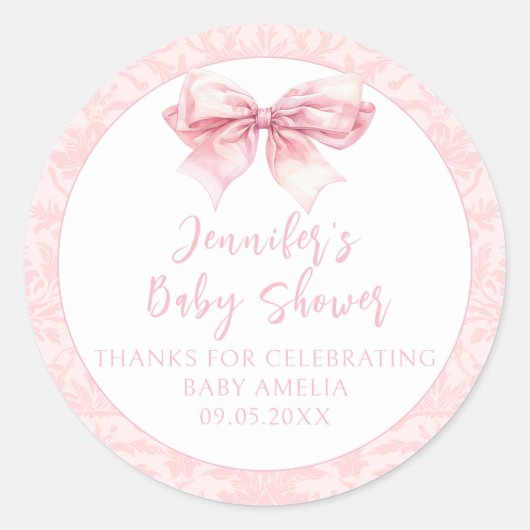 かわいい赤面ピンクボウダマスクベビーガールシャワー ラウンドシール (正面)