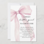かわいい赤面ピンクボウ甘い小さな女の子ベビーシャワー 招待状 (正面)