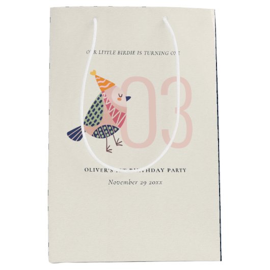 かわいい赤面ピンクボホバーディエイジ誕生日 ミディアムペーパーバッグ (正面)