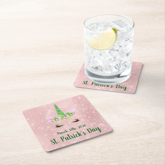 かわいい赤面ピンクユニコーンセントパトリックの日パーティー スクエアペーパーコースター (インサイチュ)
