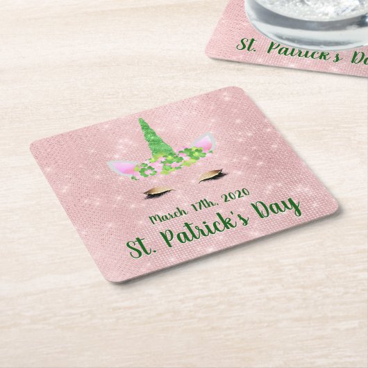 かわいい赤面ピンクユニコーンセントパトリックの日パーティー スクエアペーパーコースター (アングル)