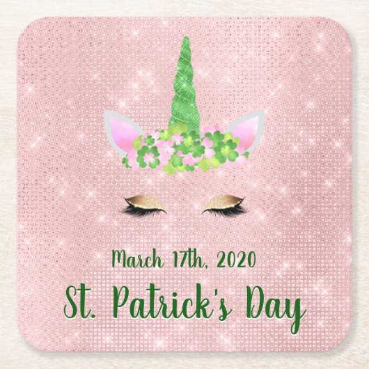 かわいい赤面ピンクユニコーンセントパトリックの日パーティー スクエアペーパーコースター (正面)