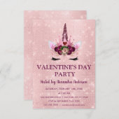 かわいい赤面ピンクユニコーンバレンタインデーパーティー 招待状 (正面/裏面)