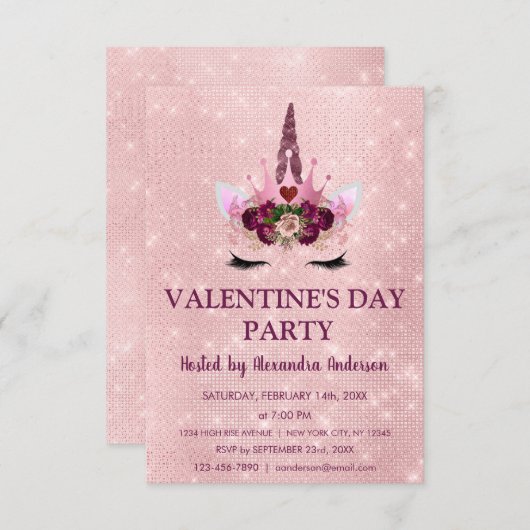 かわいい赤面ピンクユニコーンバレンタインデーパーティー 招待状 (正面/裏面)